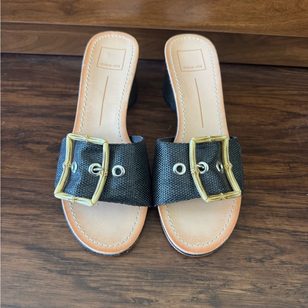Dolce Vita Black Mules with Gold Buckles